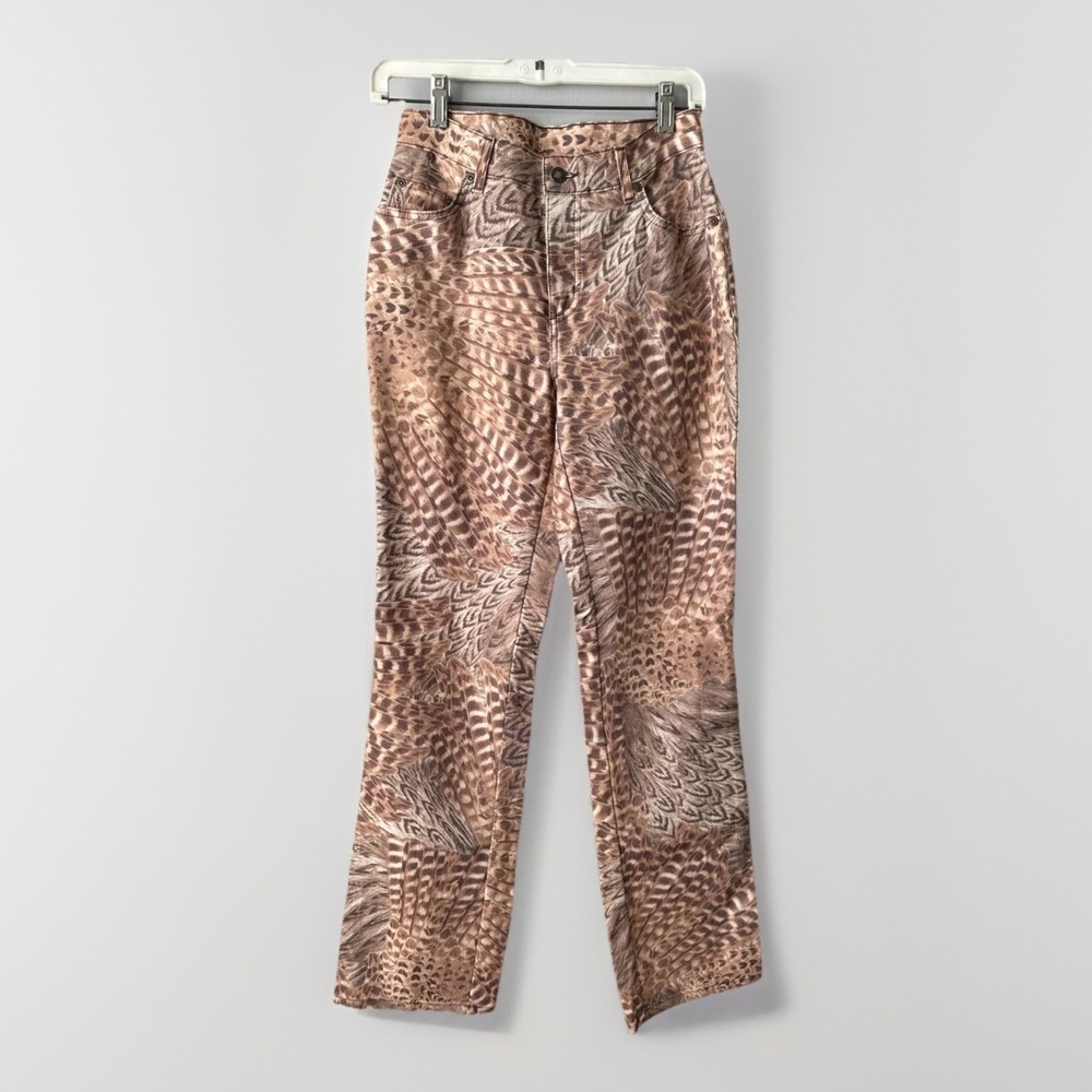 Vtg Newport News Jeans Women 8‎ Brown Floral Stretch Jeanology Feather Bohemian